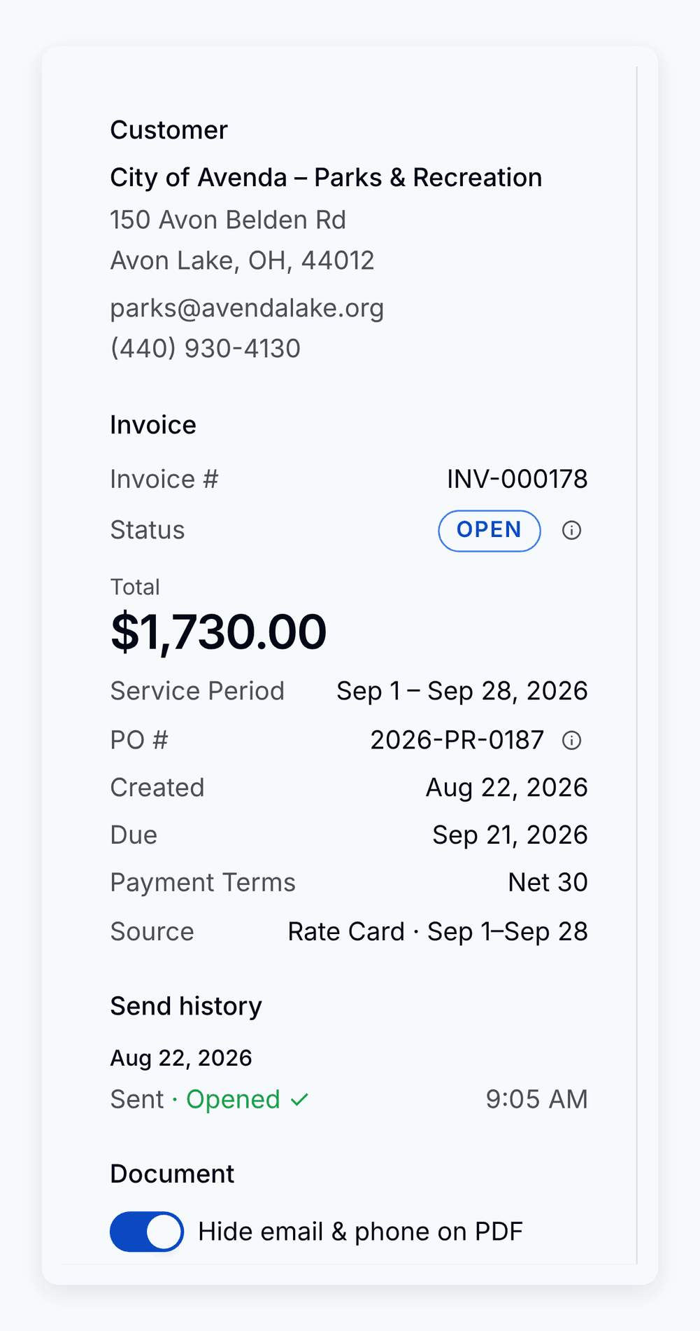 An advance cycle invoice in PortaPro, created Aug 22 for the Sep 1 to Sep 28 service period, with the PO number, Net 30 due date, and Rate Card source.