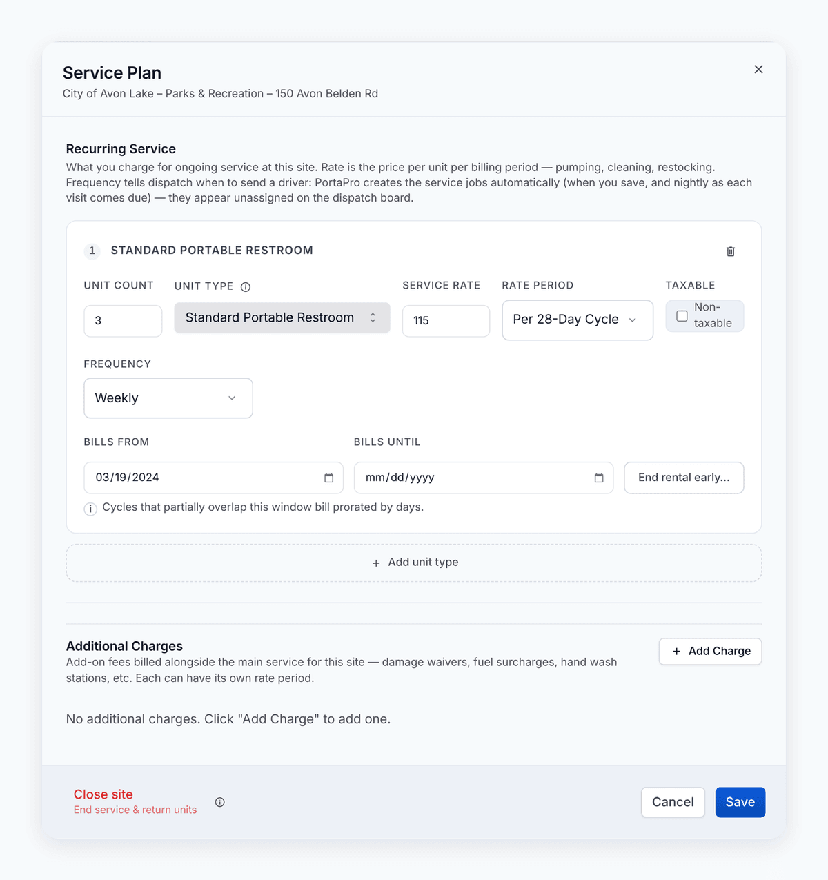 The Service Plan editor for one site in PortaPro: unit count, unit type, rate, rate period, frequency, billing window, and Additional Charges.