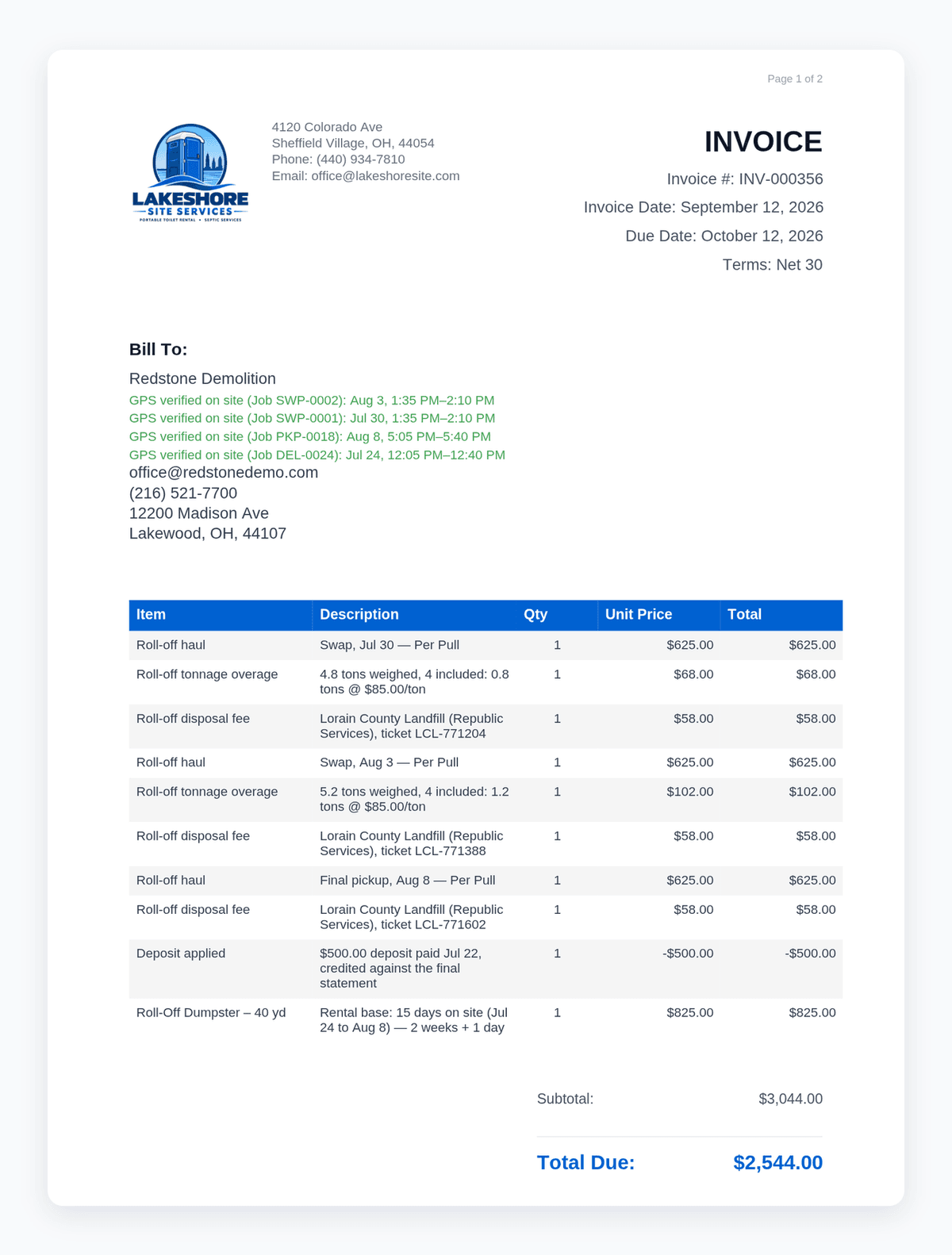 The final invoice for a completed roll-off rental in PortaPro: the operator's branded PDF with rental base, hauls, tonnage overages, and disposal fees, less the deposit already paid.