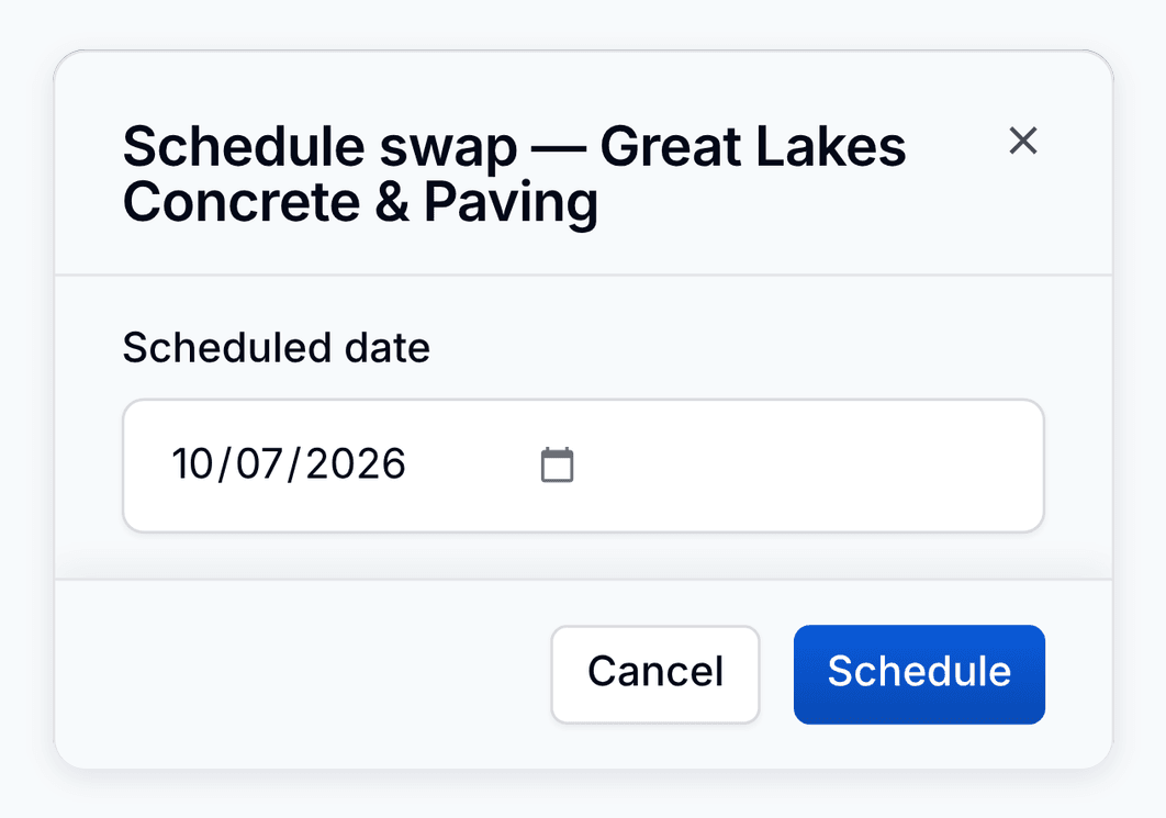 Scheduling a container swap from the roll-off ledger in PortaPro, with the date to run it.