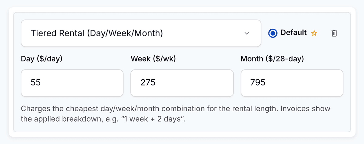 Tiered rental pricing on a roll-off container in the PortaPro catalog: a day, week, and 28-day month rate.