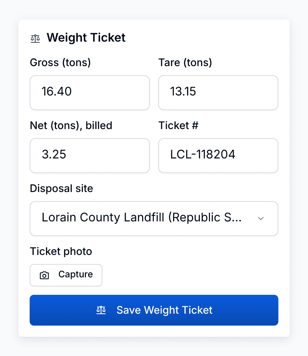 The Weight Ticket card on a roll-off pickup in the PortaPro driver app: 16.40 tons gross, 13.15 tare, 3.25 tons billed, scale ticket LCL-118204 from Lorain County Landfill, and Capture for the ticket photo.