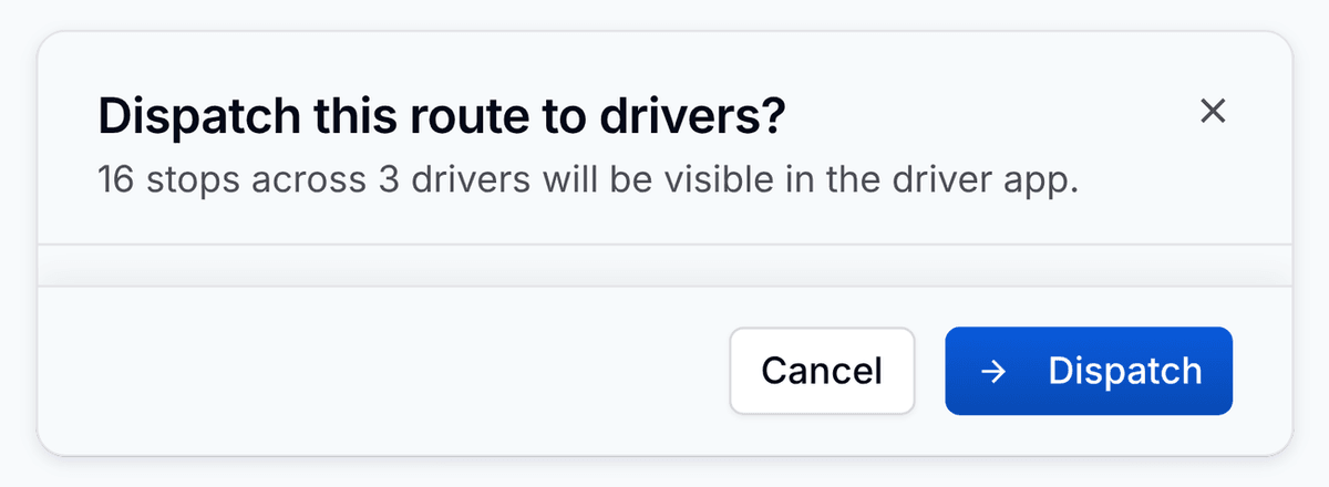PortaPro's Push to drivers confirmation: 16 stops across 3 drivers about to be sent to the driver app.