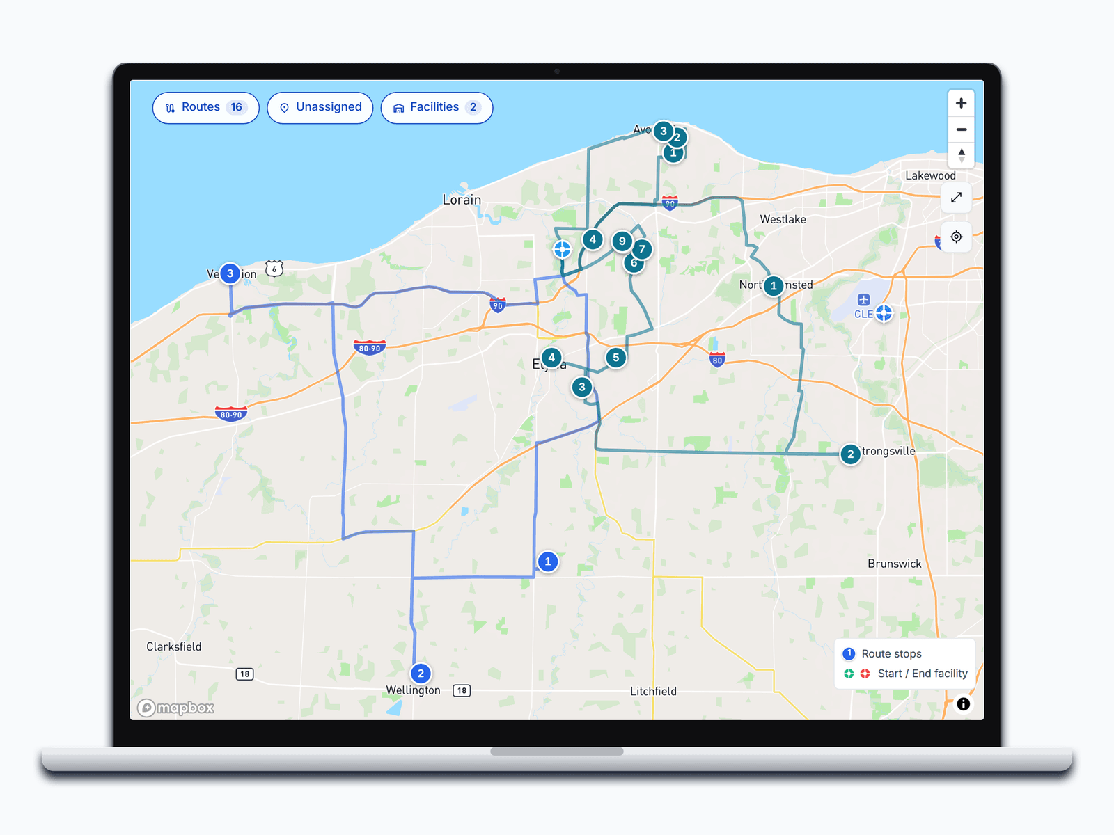 A day's stops solved across three trucks on the PortaPro Route Plan map, each stop numbered in the order it will be run.