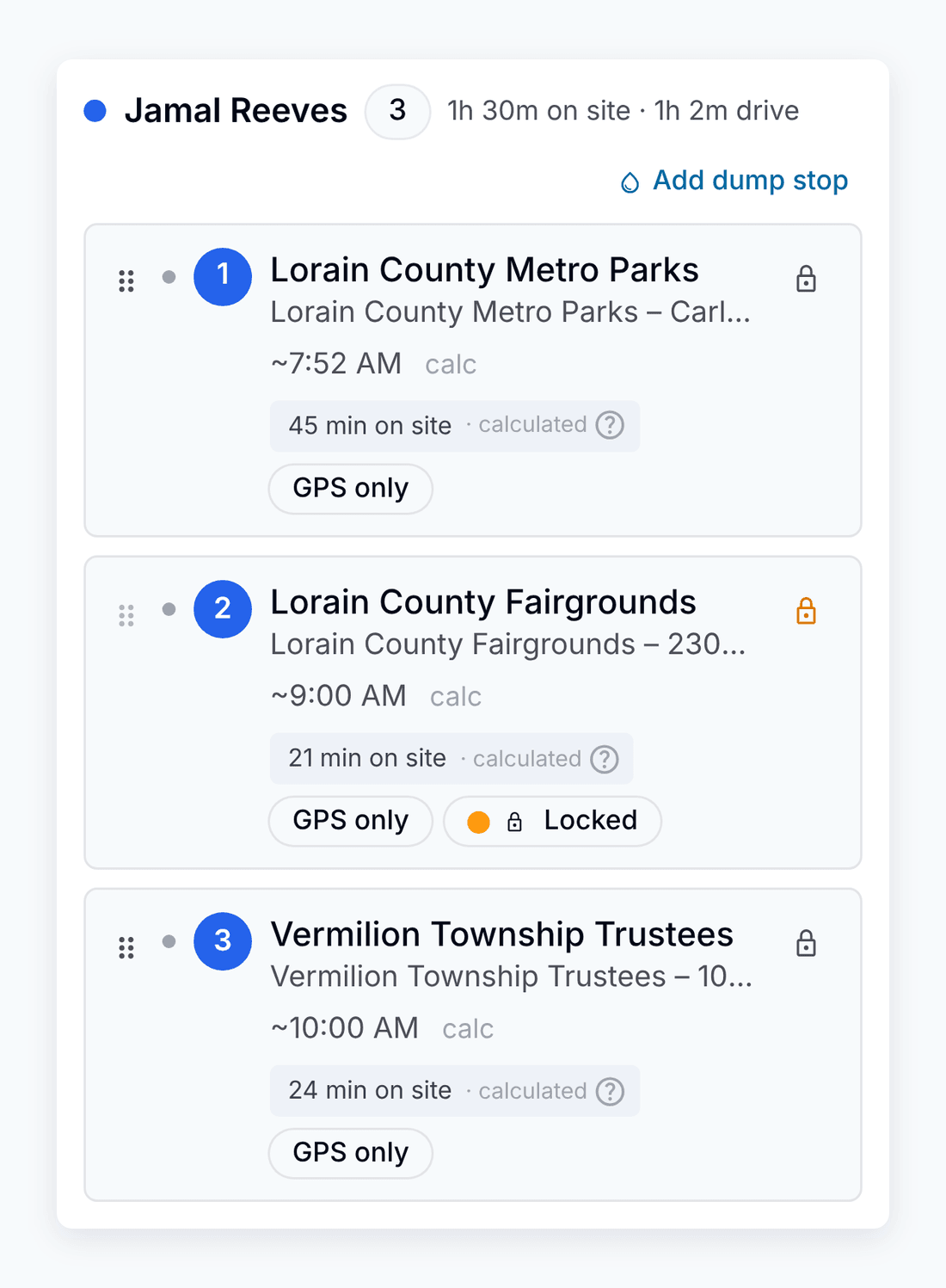 One driver's three stops in PortaPro Route Plan, each with its arrival and time on site, the fairgrounds stop locked in second place.