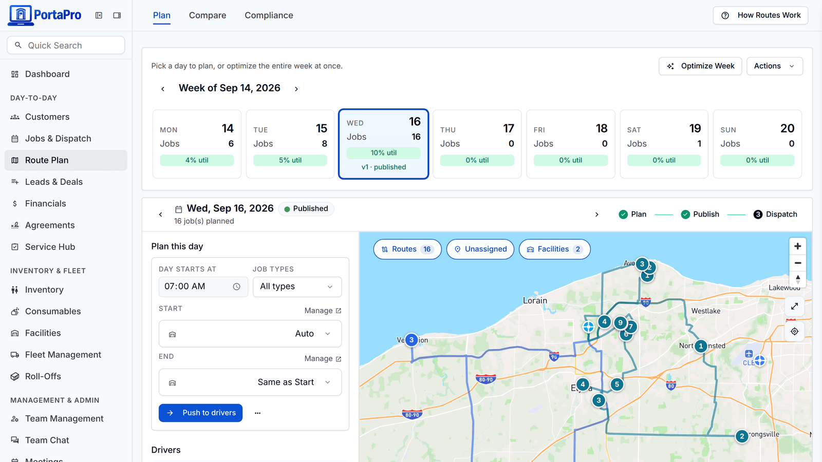 A full day solved in PortaPro: the Route Plan page with three drivers' route lines, numbered stops, and drive times.