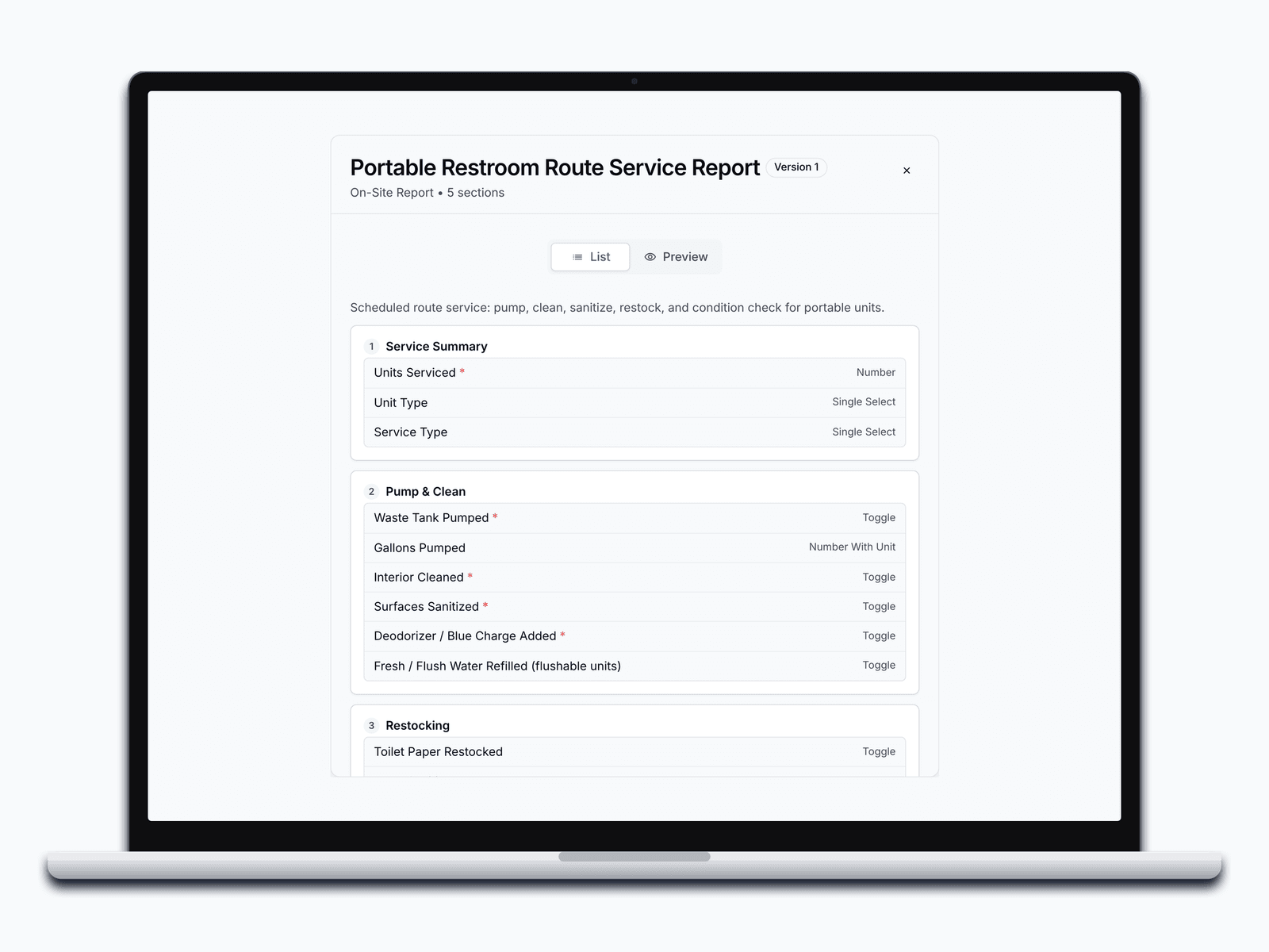 The Portable Restroom Route Service Report template open in PortaPro's Service Hub, required steps marked with an asterisk.