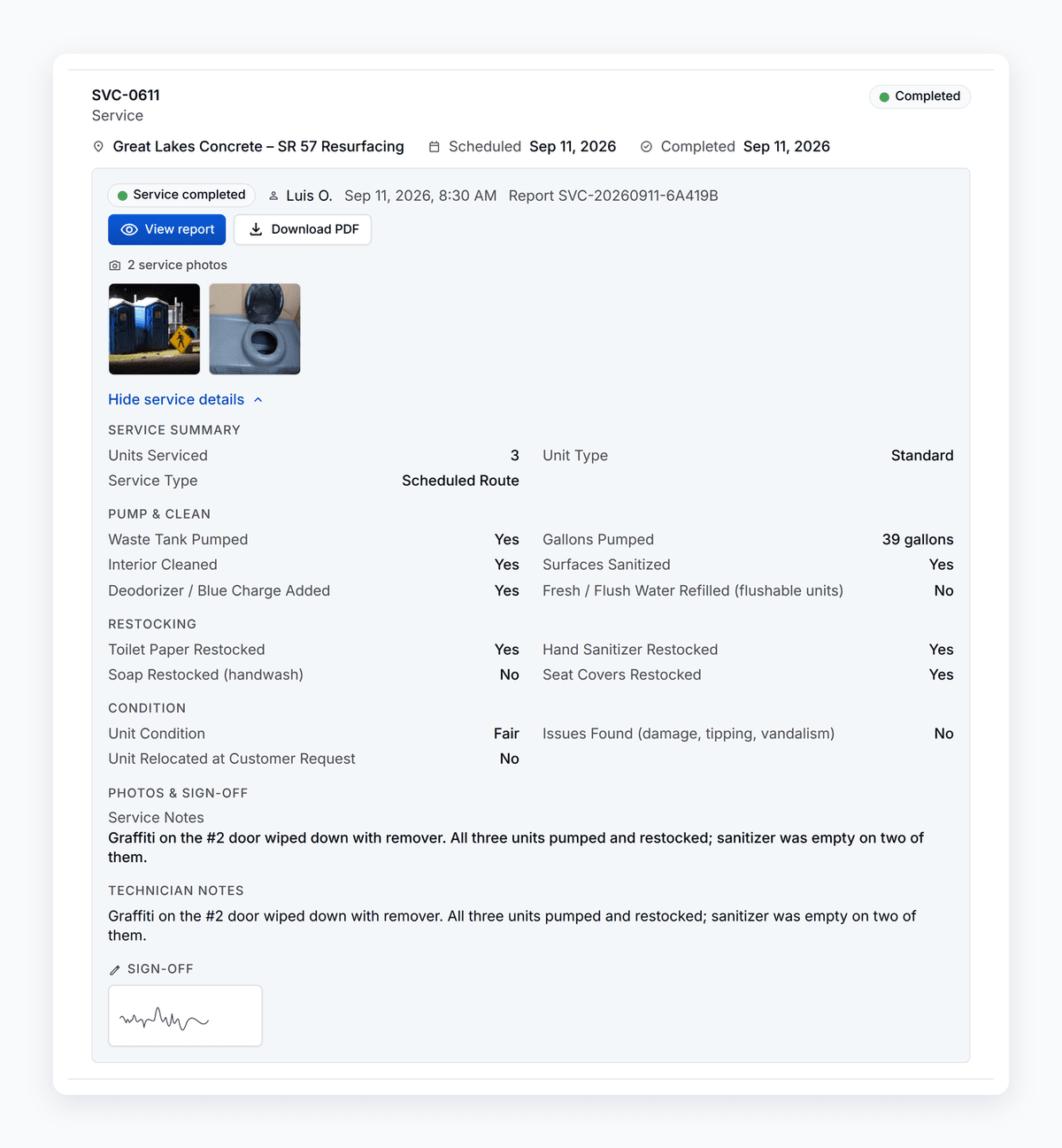 One completed visit in the PortaPro customer portal: the technician, time, the driver's photos, every checklist answer, notes, and the sign-off.