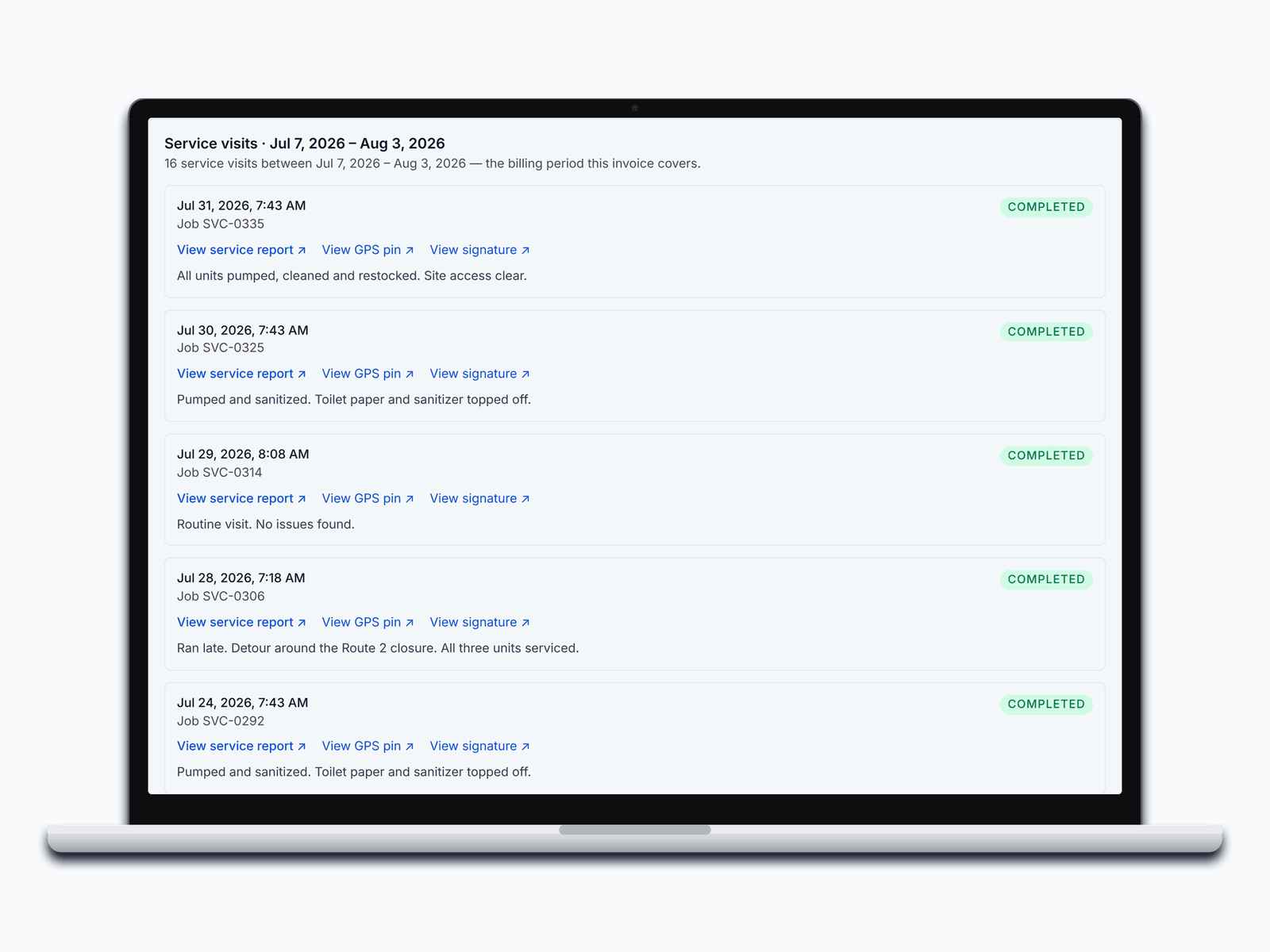 Service details for an invoice in the PortaPro customer portal: each visit in the billing period with its time, job, and links to the report, GPS pin, and signature.