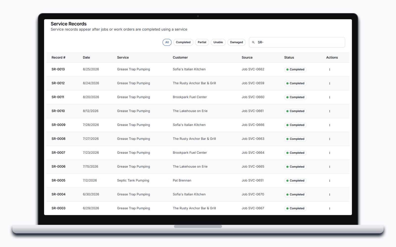 PortaPro's Service Records list: the Completed, Partial, Unable, and Damaged filters, the search box, and a summer of completed grease trap visits across four Lakeshore restaurant customers, each with its record number, date, service, and source job.
