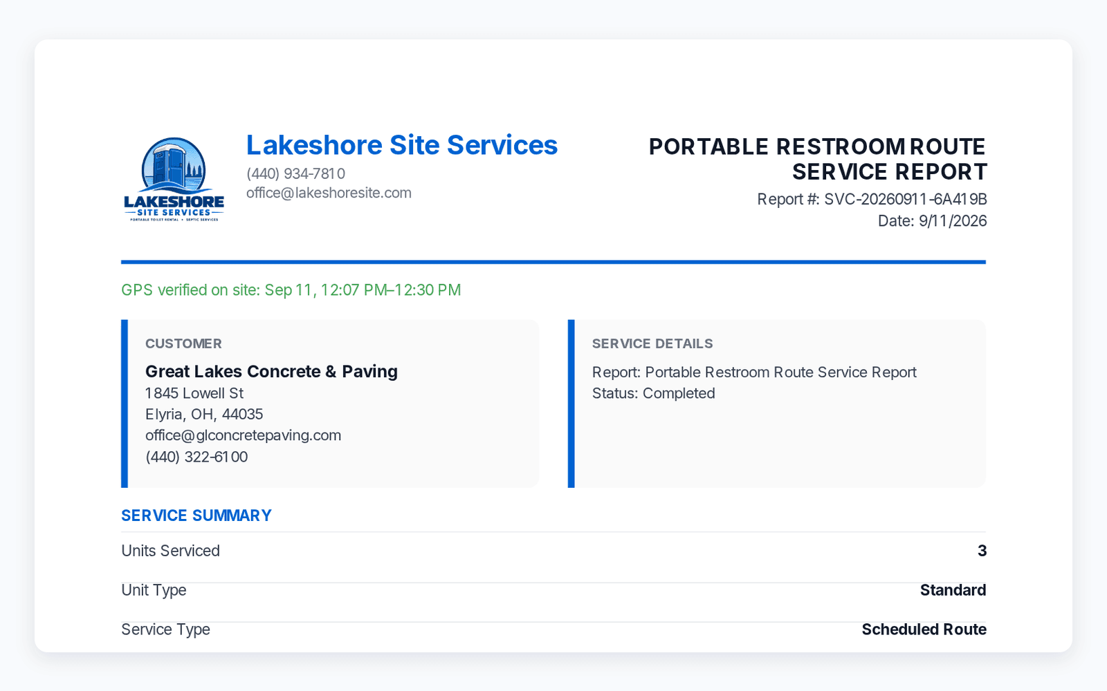 A route service report PDF from PortaPro for Great Lakes Concrete & Paving, GPS verified on site from 12:07 to 12:30 PM, with every checklist answer.