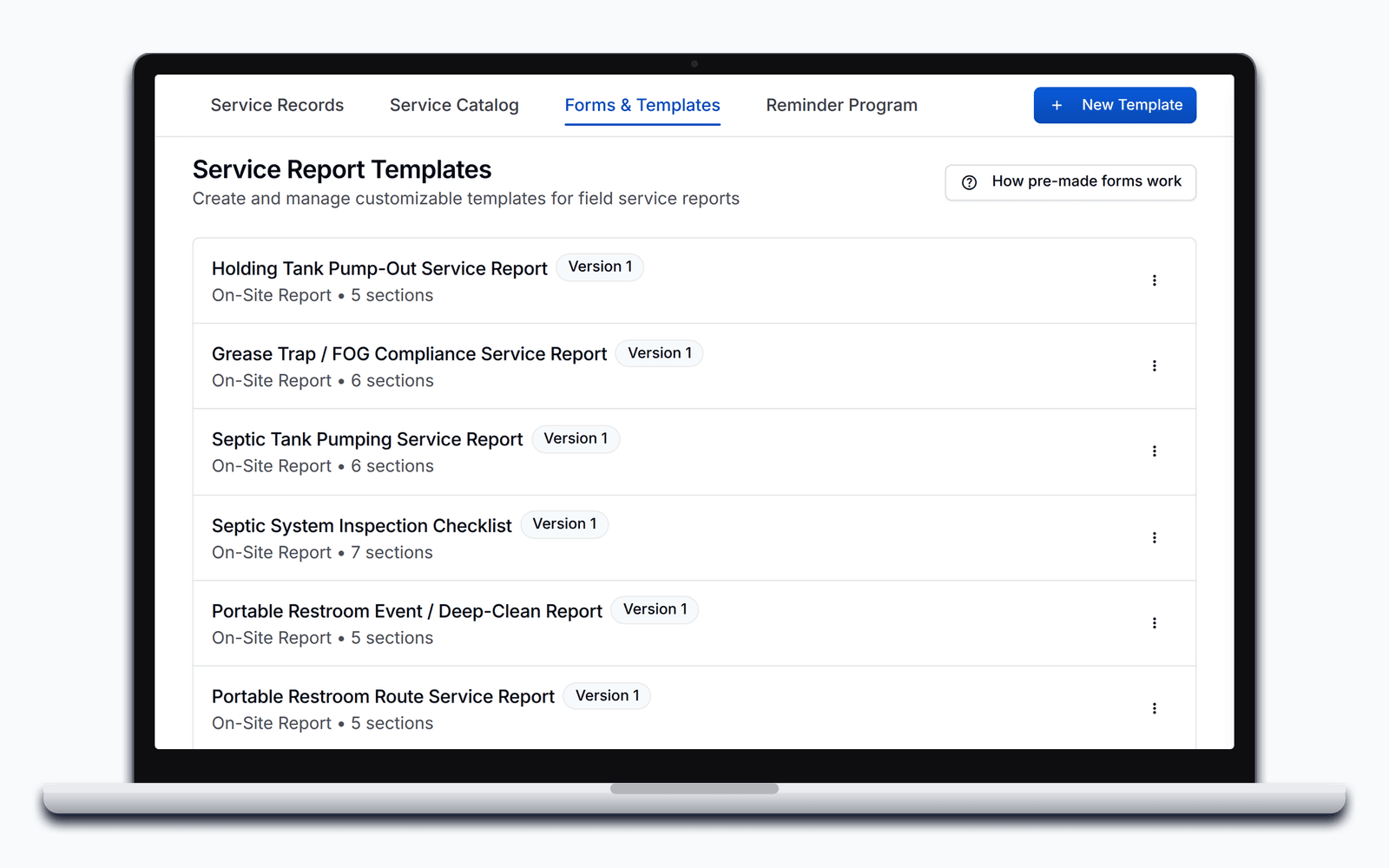 Forms & Templates in PortaPro's Service Hub: the pre-built service report templates, from holding tank pump-out to septic inspection.