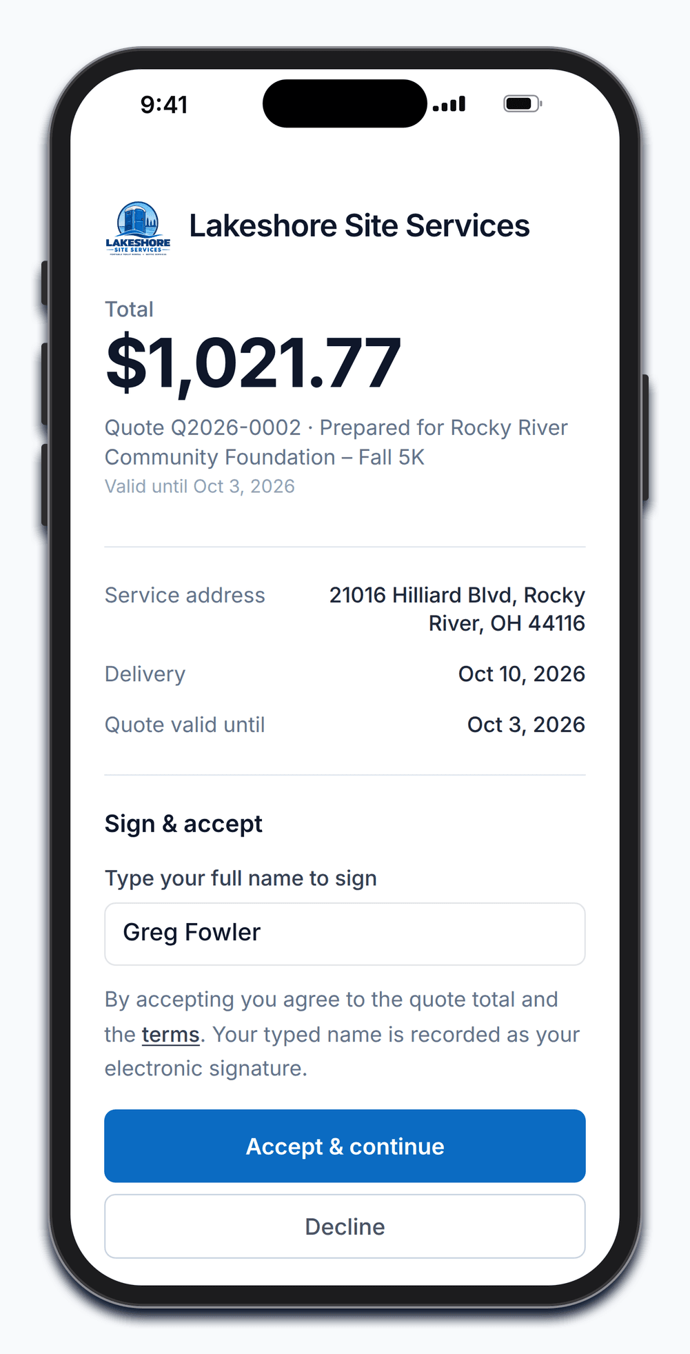 The public quote page on a phone: the total, the service address and delivery date, the customer's typed-name signature, and Accept & continue, which goes on to card payment.