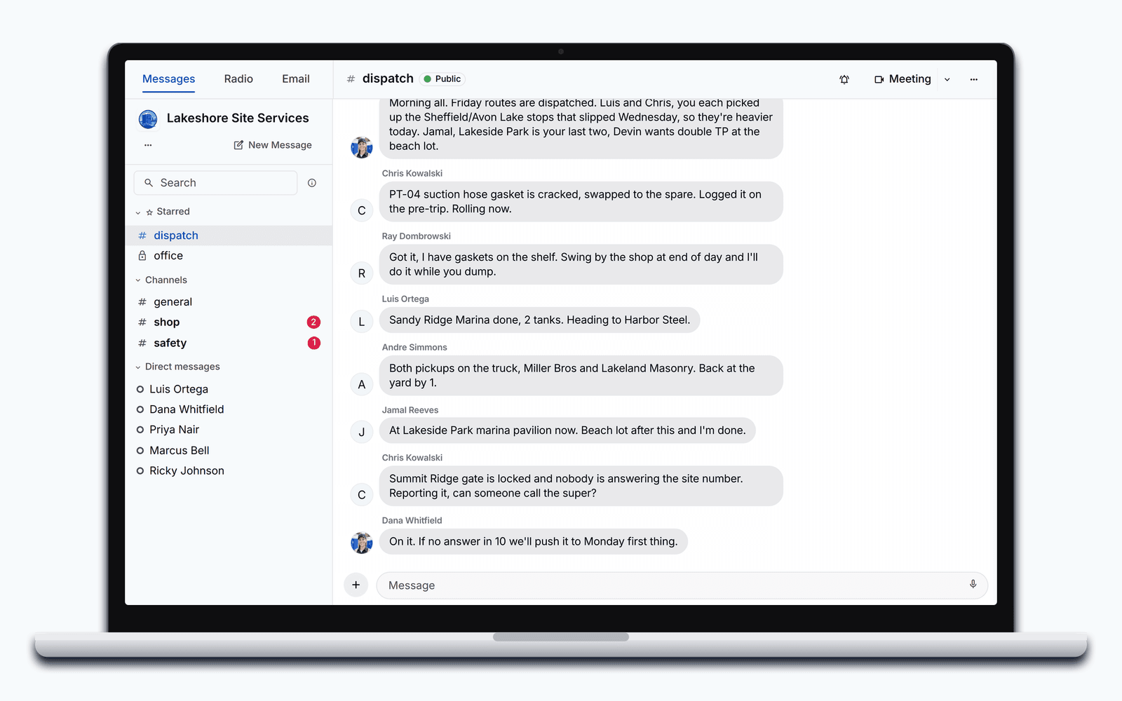 PortaPro Team Chat: Messages, Radio, and Email tabs, the channel list, and the dispatch channel with its Meeting button.