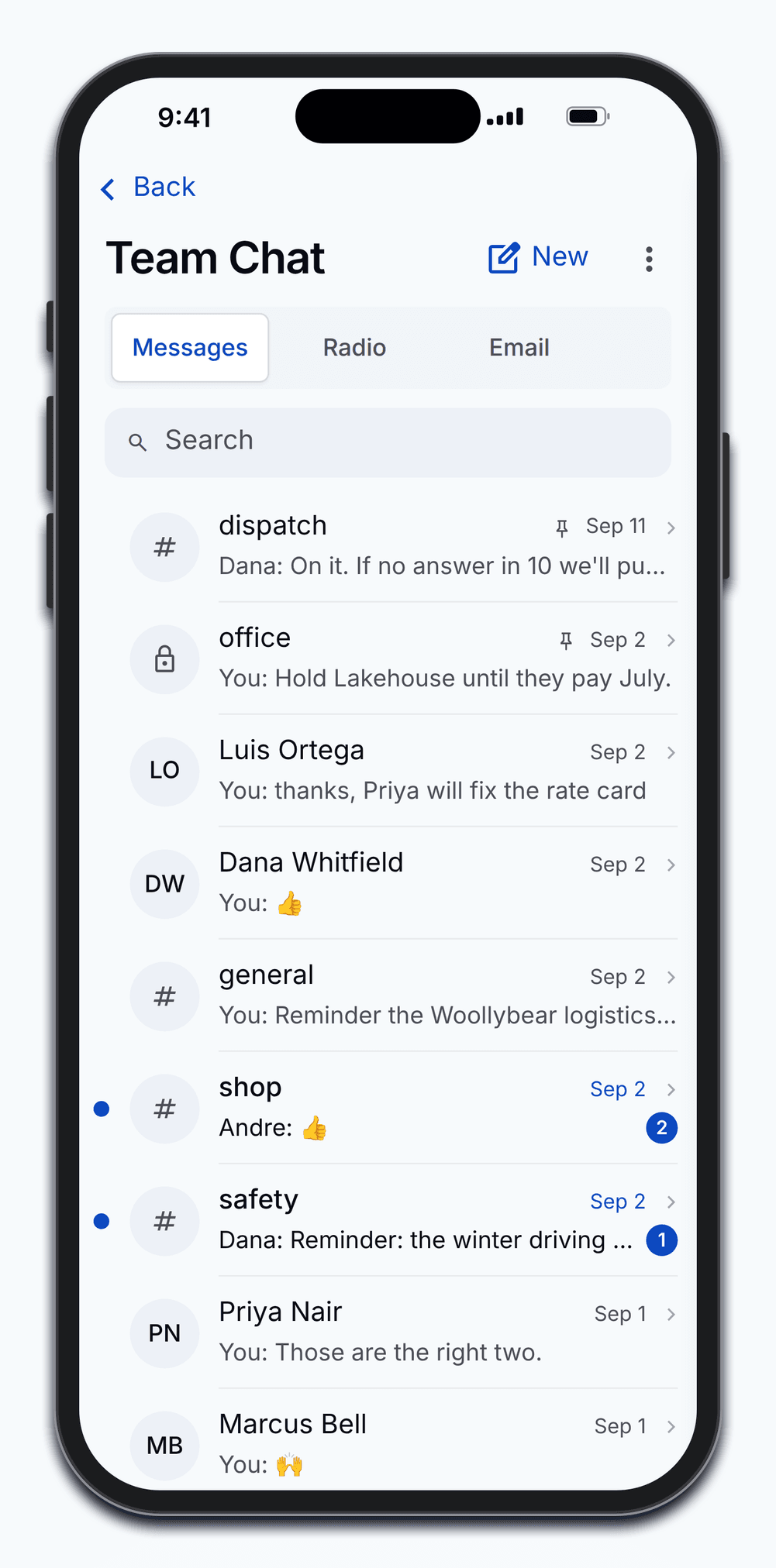 PortaPro Team Chat on a phone: Messages, Radio, and Email tabs above the dispatch channel, a private office channel, and direct messages.
