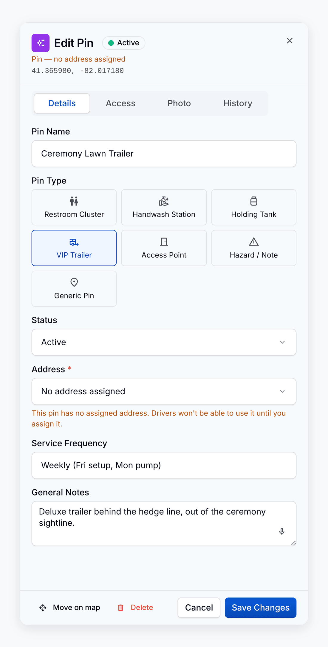 A site pin on a lead in PortaPro: the pin name and the pin type picker, with VIP Trailer selected.