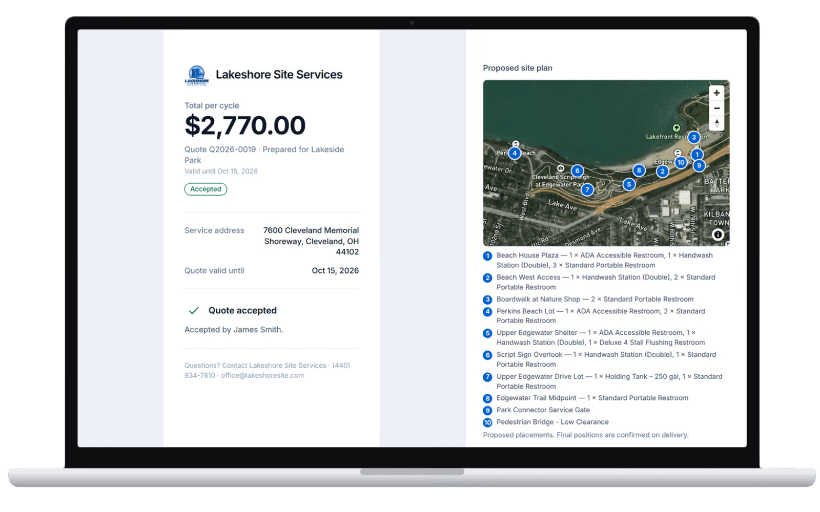 The quote a customer opens from PortaPro: $2,770 per cycle beside a satellite site plan with ten numbered placements and their units.