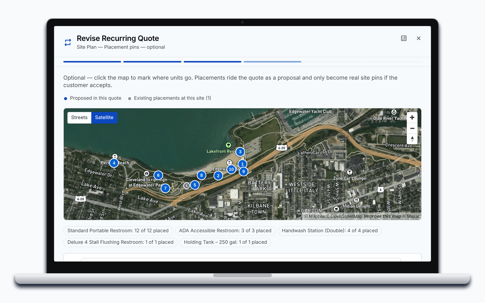 The Site Plan step of a PortaPro quote: ten numbered placements on the satellite map of Edgewater Park and the placed-of-quoted tallies for each unit type.