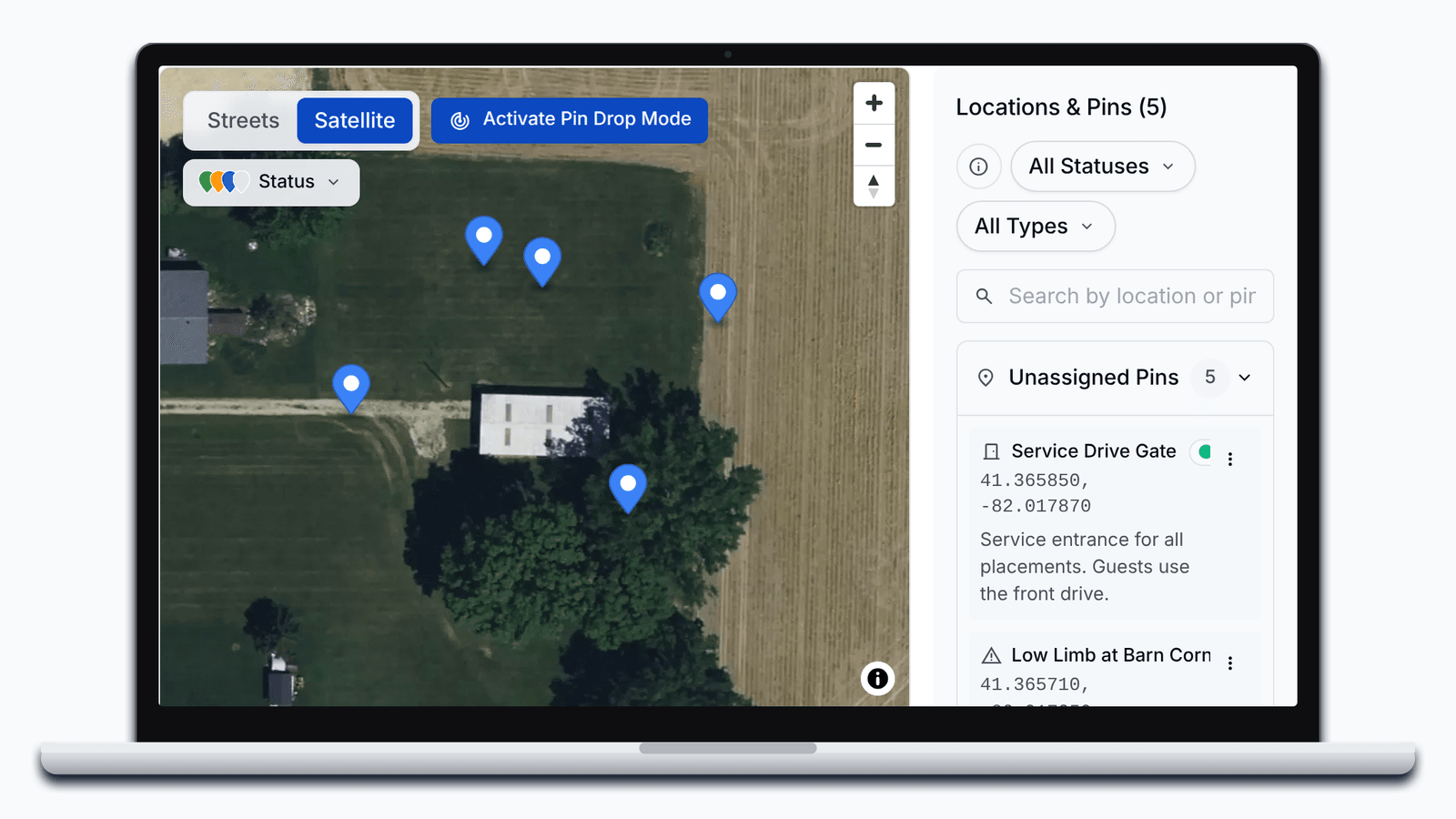 A lead's venue in PortaPro on the satellite map, typed pins for the trailer, restroom bank, handwash, service gate and a hazard beside the pin list.