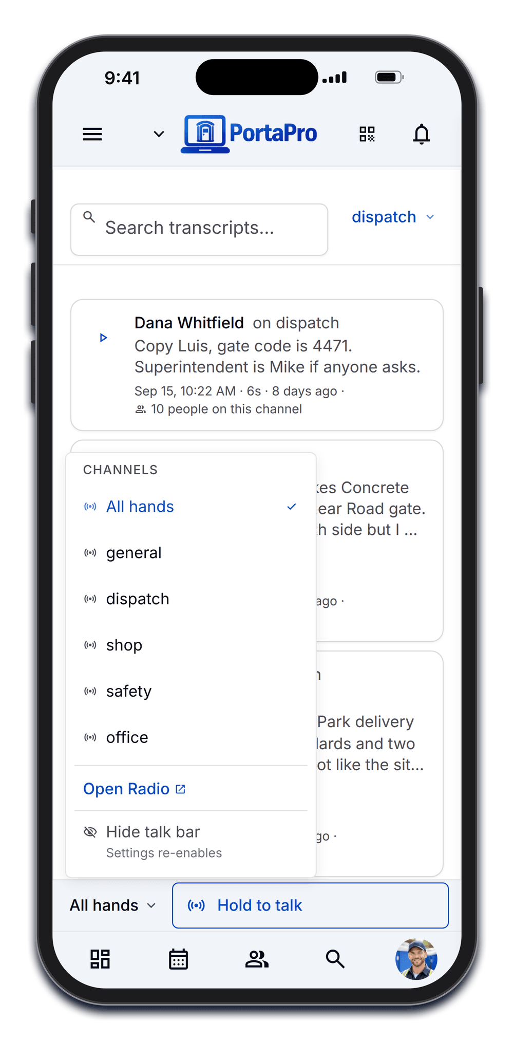 The PortaPro talk bar's channel menu on a phone: All hands, general, dispatch, shop, safety, and office.
