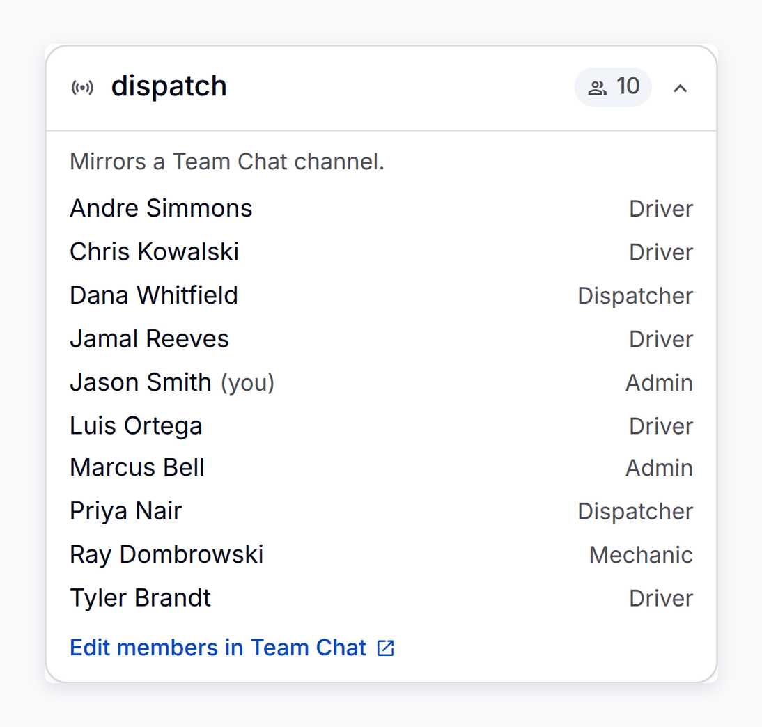 A PortaPro radio channel's members and their roles, mirrored from Team Chat.