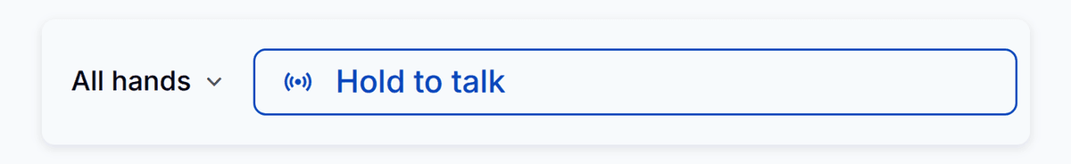 The PortaPro desktop talk bar: the tuned channel, All hands, beside the outlined Hold to talk button.