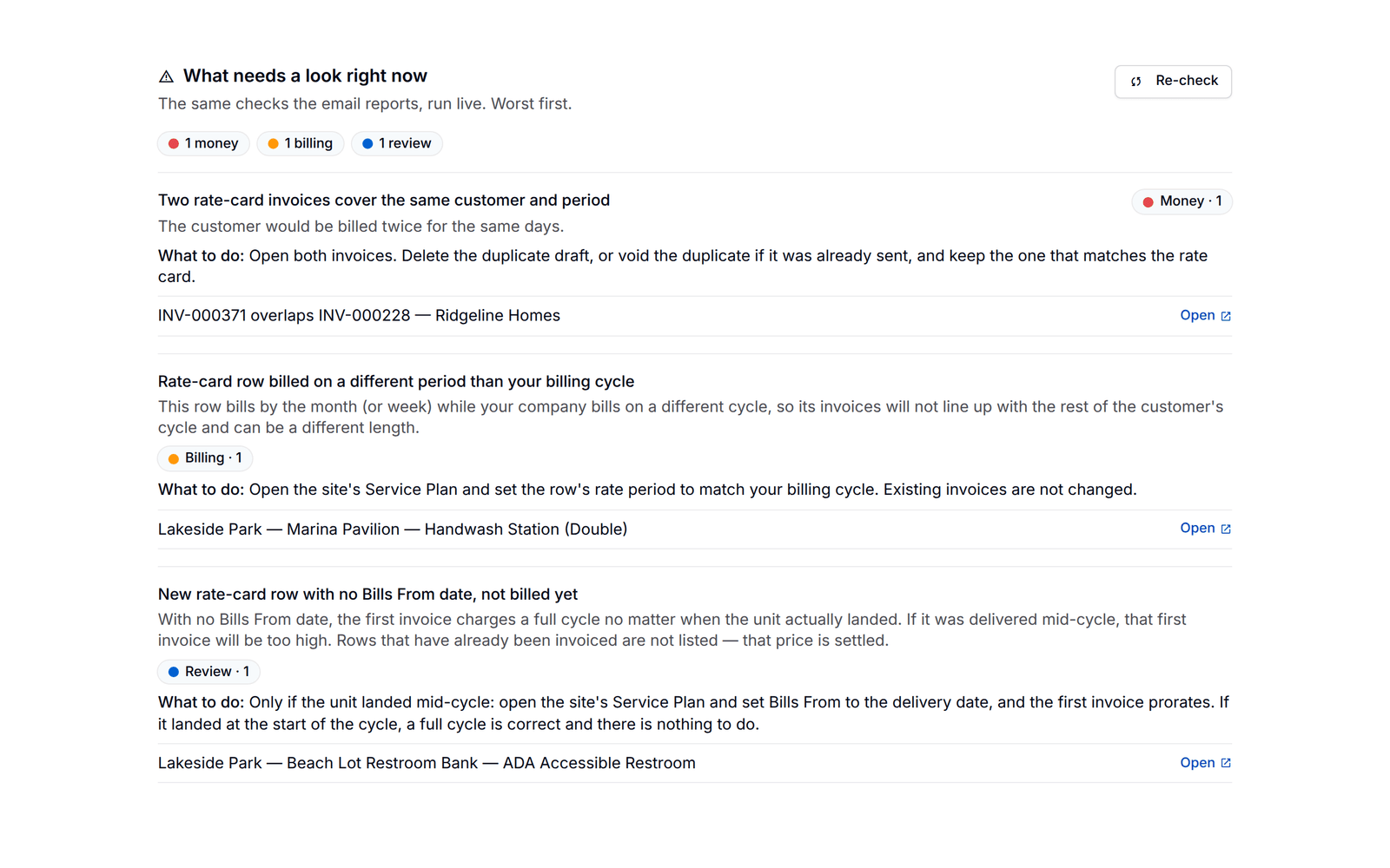 Billing Health in PortaPro: one money, one billing and one review flag, each with what it means and what to do.