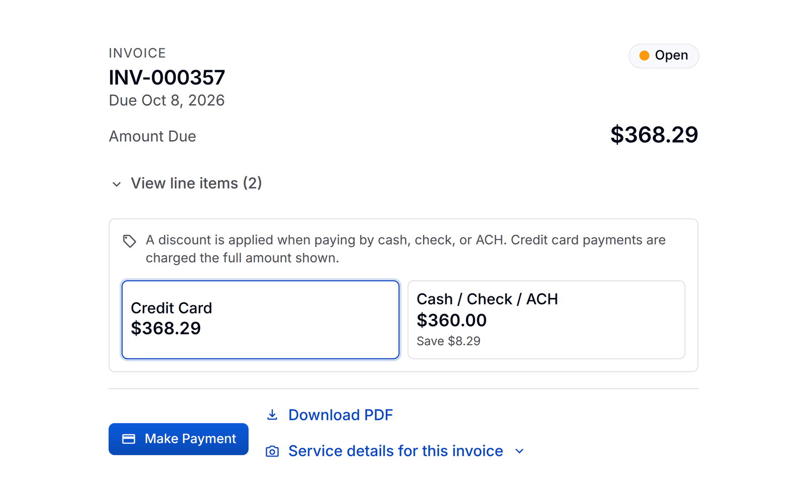 An open invoice in the PortaPro customer portal showing two prices: $368.29 by credit card or $360.00 by cash, check or ACH, with the discount disclosure above.