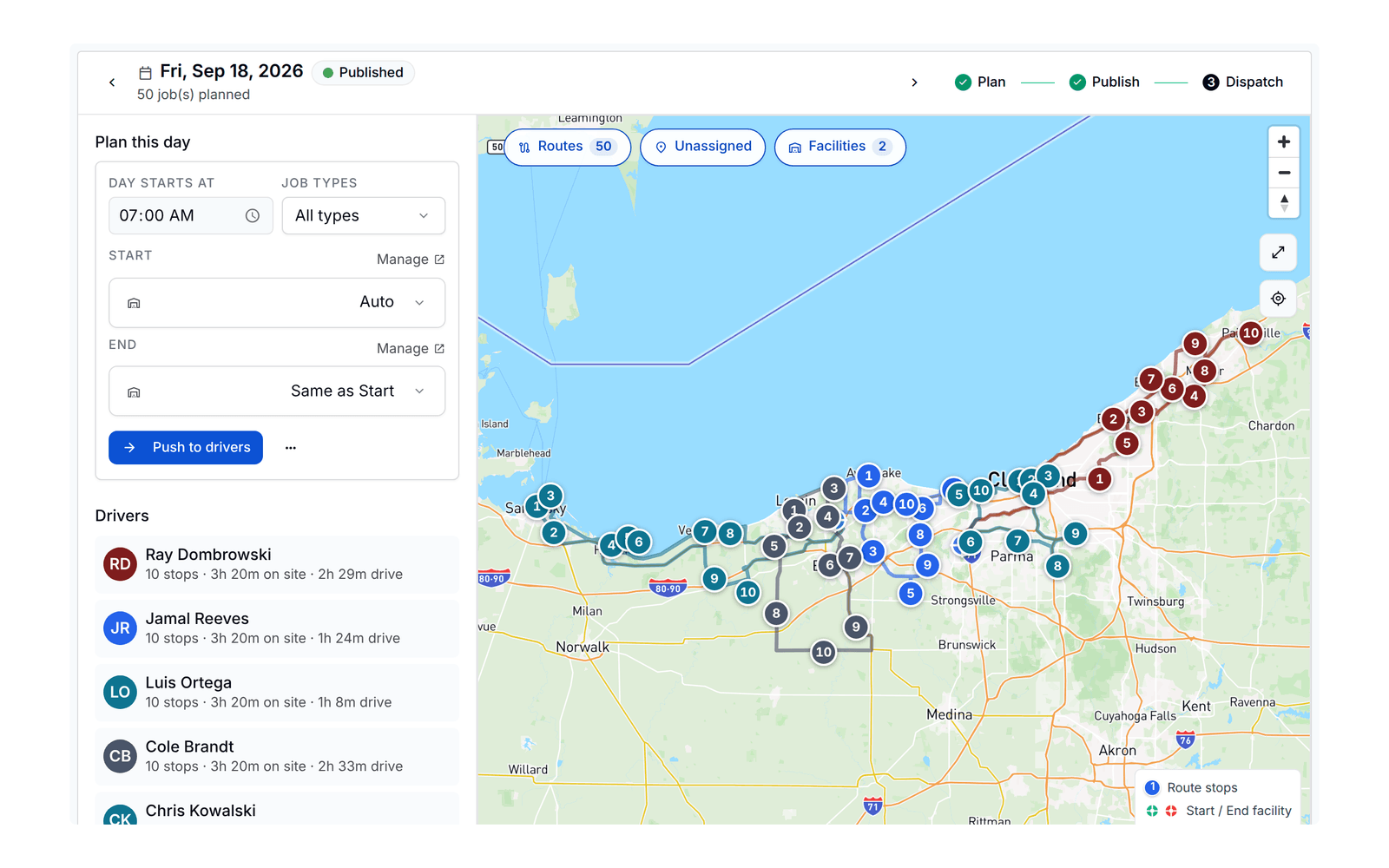A published day on the PortaPro Route Plan page: fifty jobs sequenced across four drivers, the numbered stops on the map, and each driver's stop count, on-site time and drive time.