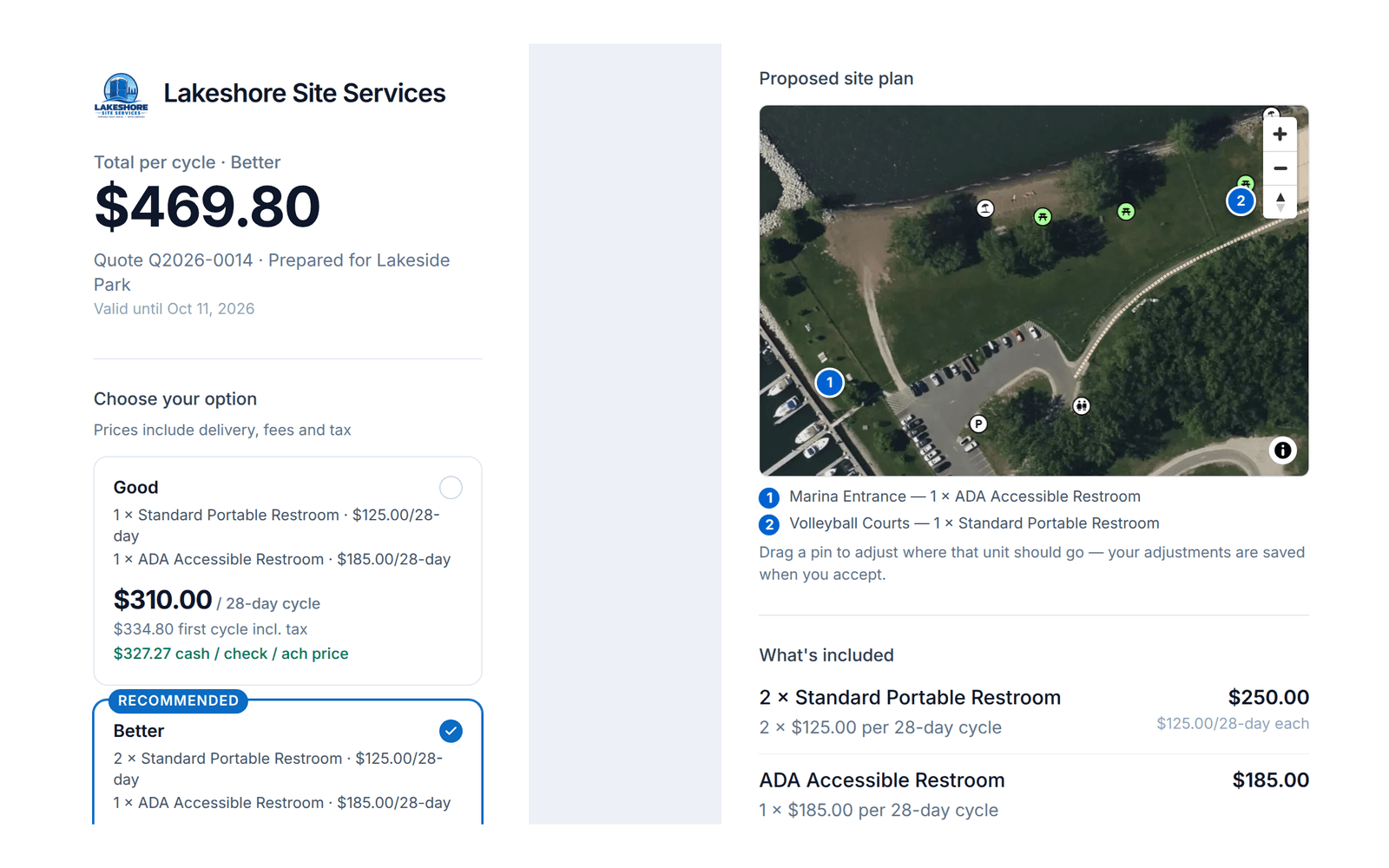 The quote a Lakeshore Site Services customer opens: the Good and Better options and the price beside the proposed site plan, with numbered pins at the marina entrance and the volleyball courts on a satellite view.