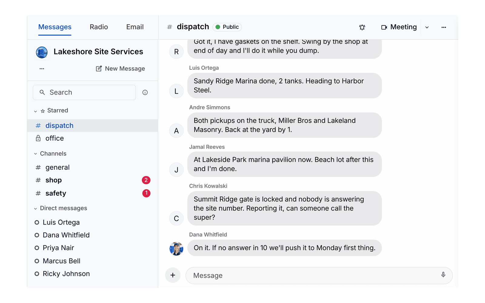 The dispatch channel in PortaPro team chat during a shift: drivers reporting stops and problems from the road, with unread counts on the other channels.